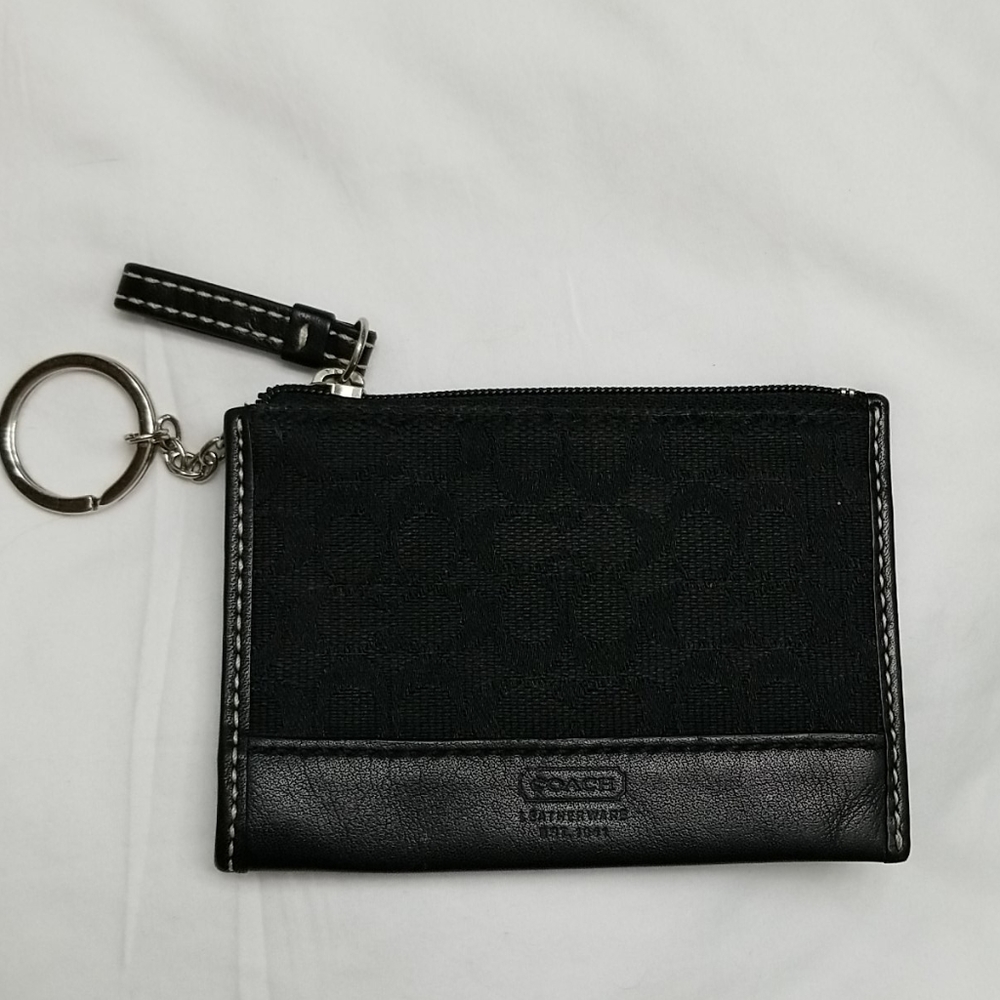 Coach Signature Mini Skinny ID Card Case Coin Purse Keychain Black